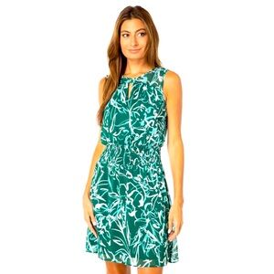 London Times sleeveless smocked hip yoke mini dress in green/aqua
